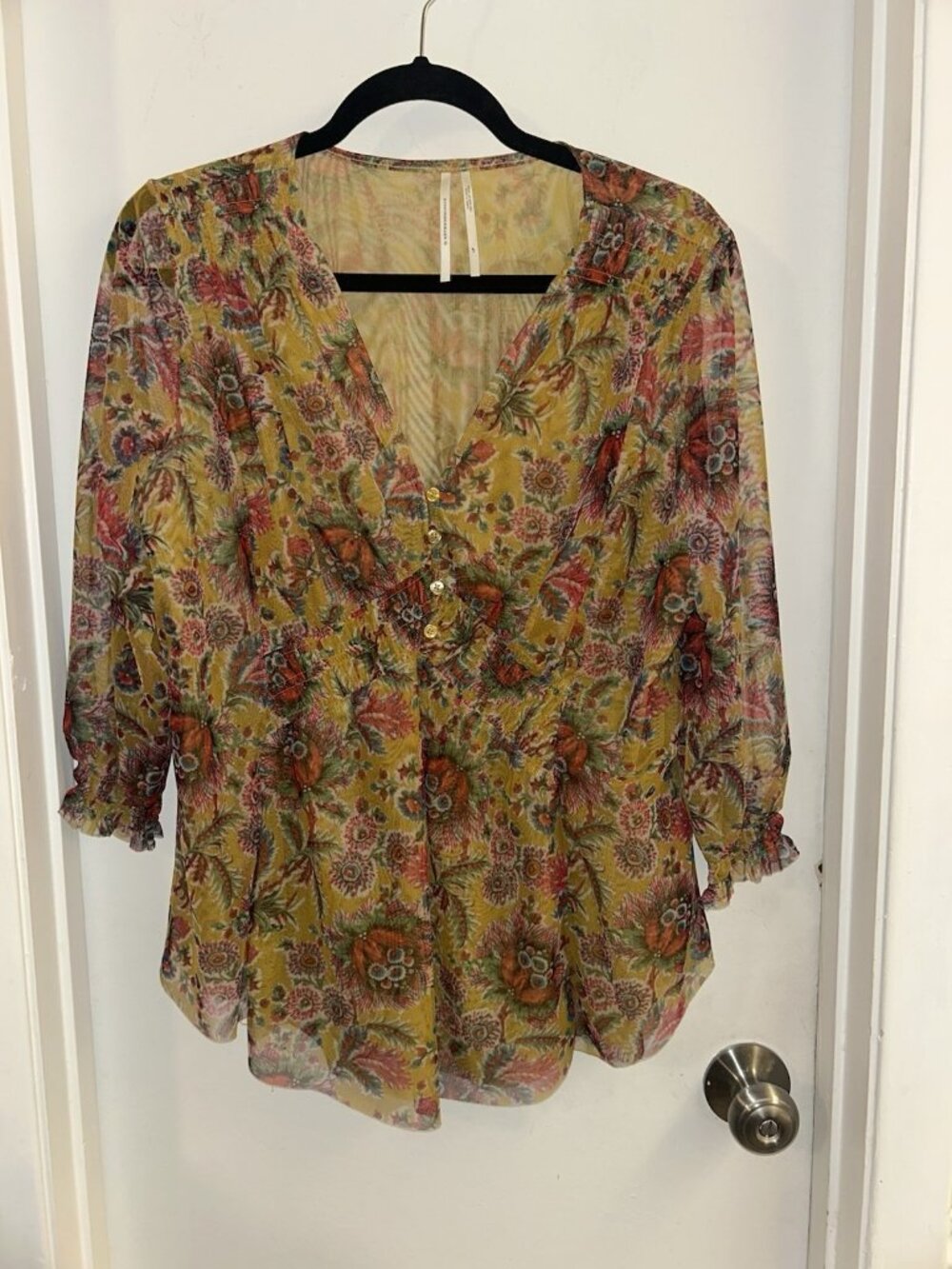 Anthropologie Gretchen Multicolor Boho Peasant Prairie Blouse Size Petite Large - Picture 2 of 9
